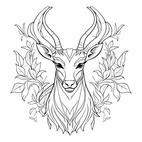 Hand drawn antelope with floral ornament isolated on white backg