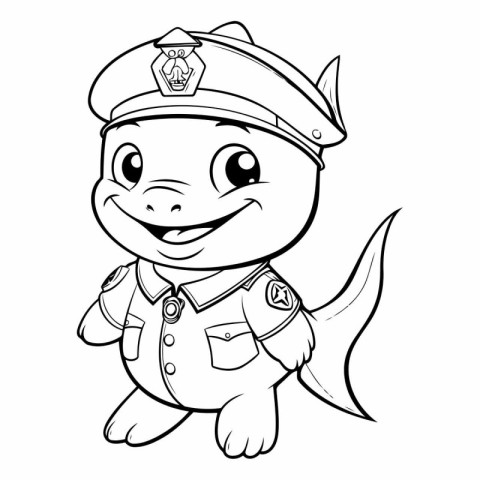 Black and White Cartoon Illustration of Cute Little Shark Captai