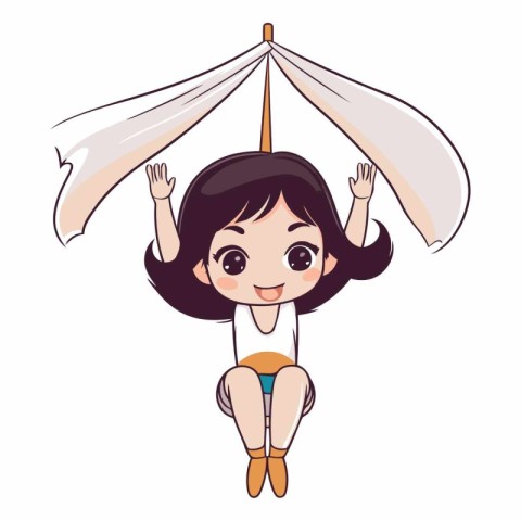 Happy little girl holding a paper umbrella in cartoon style.