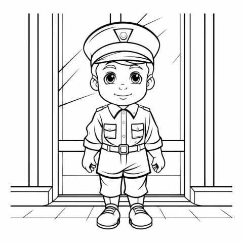 Black and White Cartoon Illustration of Little Boy in Uniform St