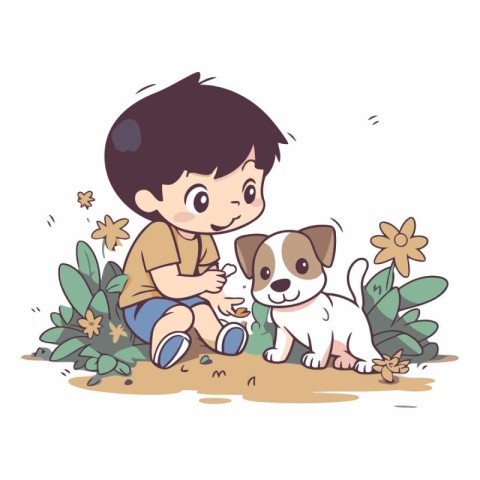 Boy playing with his dog in the garden. Cute cartoon vector illu