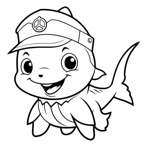 Black and White Cartoon Illustration of Cute Fish Captain Charac