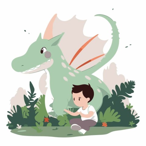 Vector illustration of a boy playing with a dragon in the park.