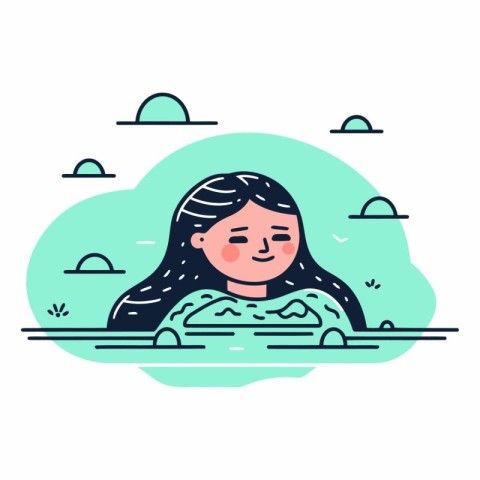 Cute girl in the sea in line style.