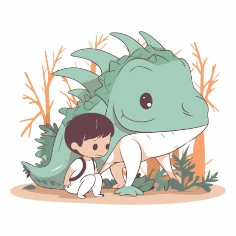 Cute little boy playing with dinosaur in cartoon style.