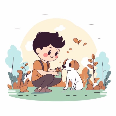 Cute boy playing with dog in the park.