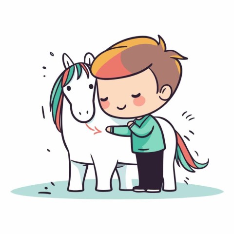 Cute boy and white horse in cartoon style.