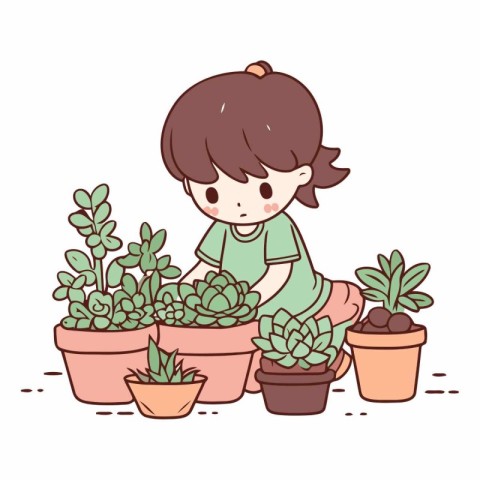 Cute little girl planting succulents in pots.