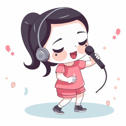 Cute little girl singing karaoke. Vector cartoon illustration.