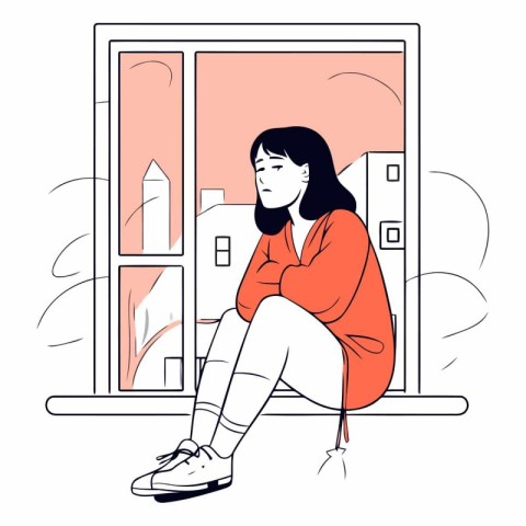 Sad girl sitting on the windowsill. The concept of loneliness an