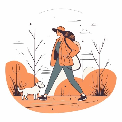 Woman walking with dog in the park. Flat style vector illustrati