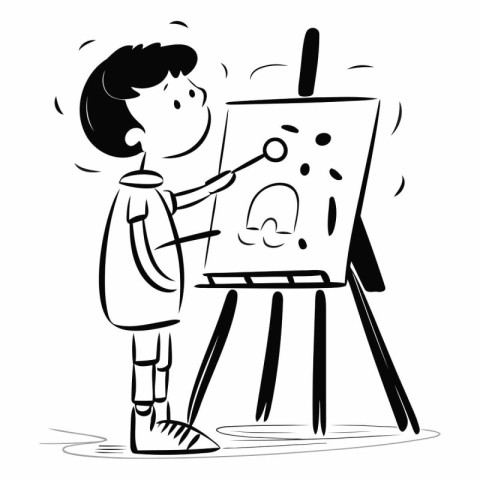 Cartoon illustration of a boy painting a picture on easel.