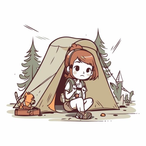 Illustration of a Little Girl Sitting in a Tent at Camping