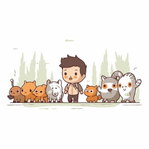 Cute little boy with a group of wild animals.