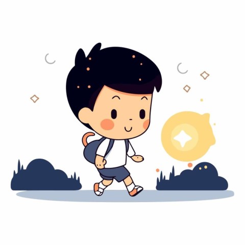 Cute little boy walking in the park in cartoon style.