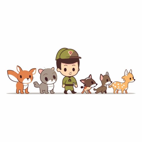 Cute little boy with a group of dogs. Cartoon vector illustratio