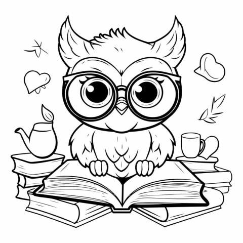 Cute owl with glasses reading a book for coloring book.