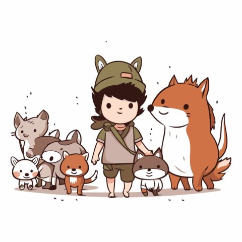 Boy scout with a group of cute cartoon animals.