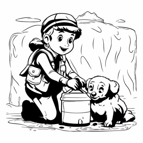 Boy with a dog and a bucket of water.