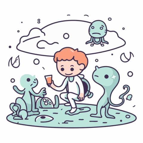 Cute little boy playing with alien characters in doodle style.