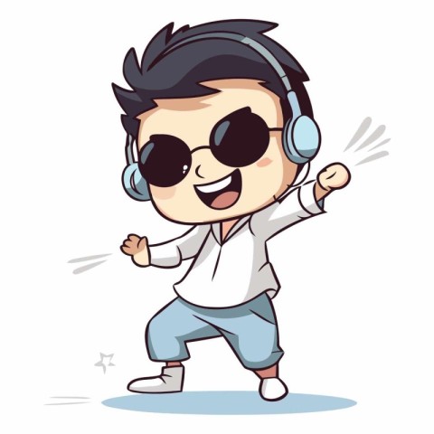 Cartoon boy listening music with headphones and dancing.