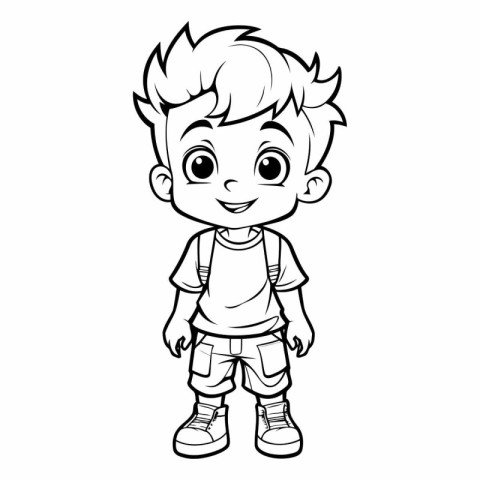 Black and White Cartoon Illustration of Cute Little Boy Characte