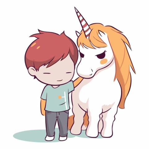 Cute little boy and unicorn. Cartoon style.