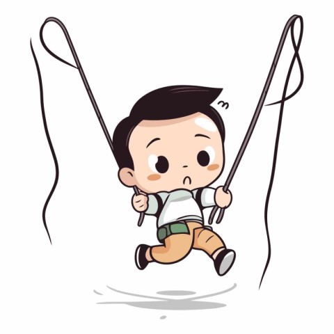 Cute little boy climbing a rope in cartoon style.