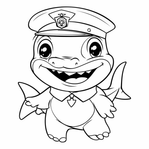 Black and White Cartoon Illustration of Cute Little Fish Captain