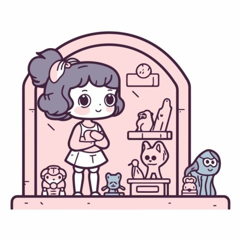 Illustration of a Cute Little Girl Playing with Her Pets in a Ca