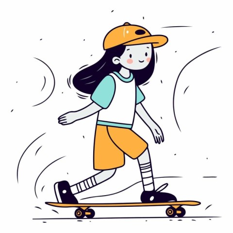 Vector illustration of a girl riding a skateboard on a white bac