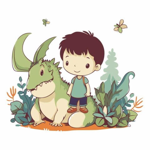 cute little boy with dinosaur cartoon vector illustration graphi