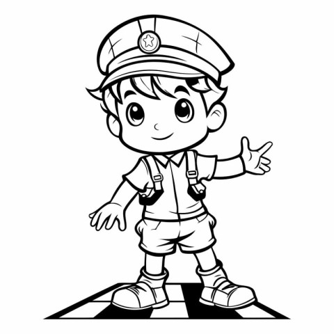 Black and White Cartoon Illustration of Cute Little Boy Captain