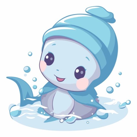 Cute cartoon baby whale in a blue hat.