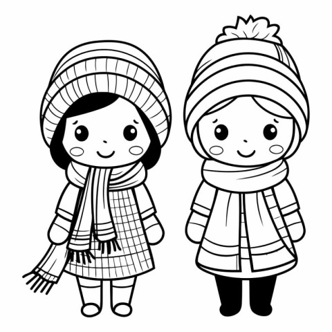 Vector illustration of two children in winter clothes. Coloring