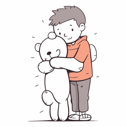 Little boy hugging a teddy bear. Vector hand drawn illustration.