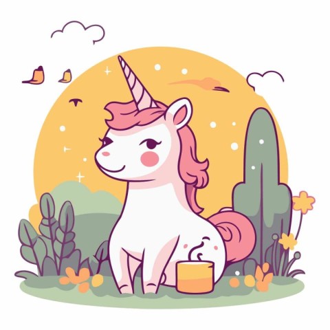 Cute unicorn with a cup of coffee in cartoon style.