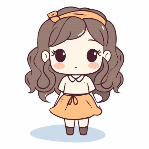 Cute little girl with long hair in cartoon style.