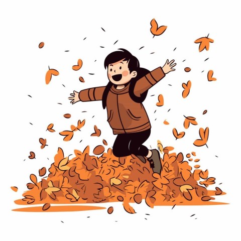 Happy little girl jumping on a pile of autumn leaves