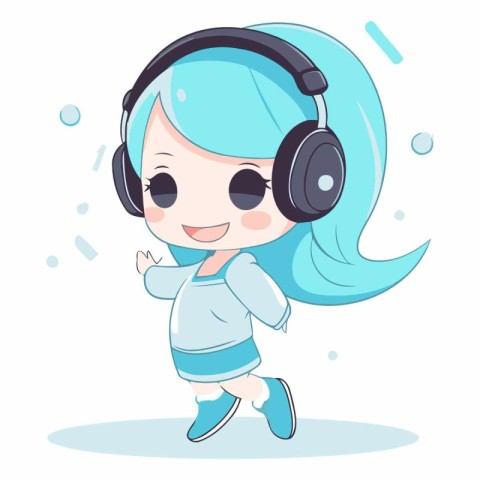 Cute cartoon girl listening to music with headphones.