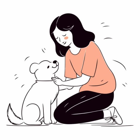 Young woman playing with her dog in flat style.