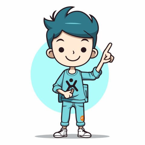 Boy pointing finger cartoon character vector illustration. Cute