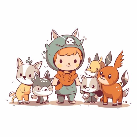 Cute little boy dressed as a cartoon explorer with animals.