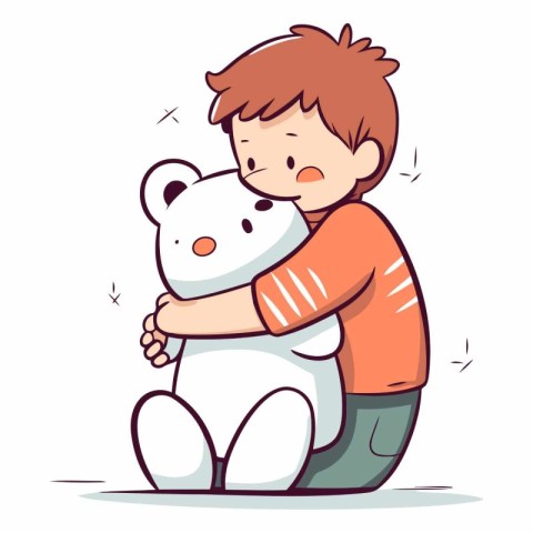 Cute little boy hugging a big white bear.