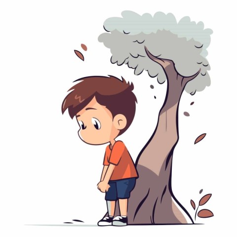 Little boy standing under a big tree in cartoon style.