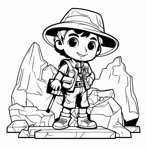 Vector illustration of a boy hiker with a backpack on a rock