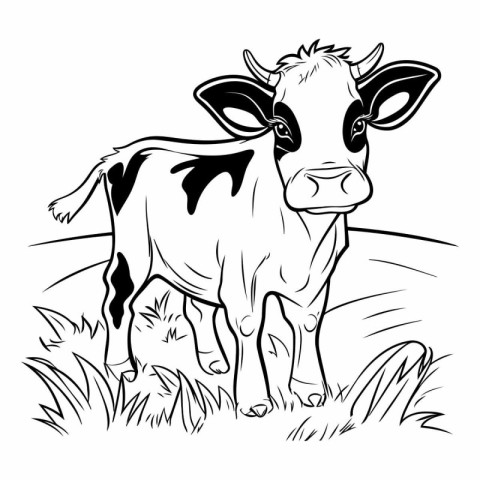 Cow on a meadow. Black and white vector illustration for colorin