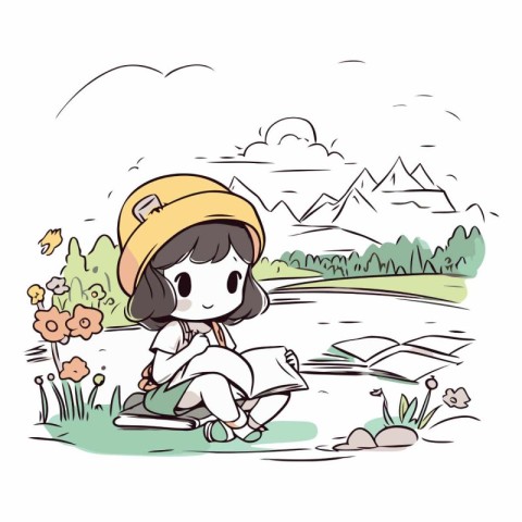 Illustration of a little girl reading a book by the river.