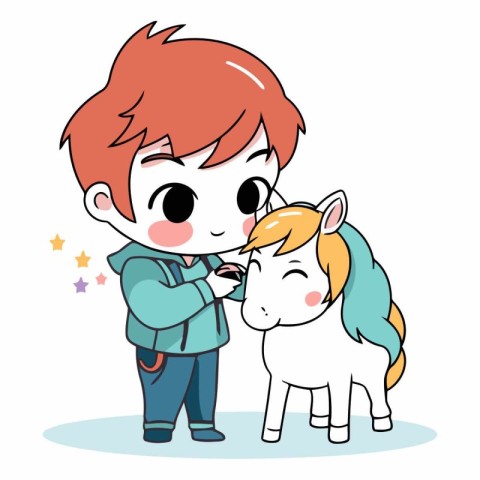 Little boy and horse vector illustration. Cute little boy and ho