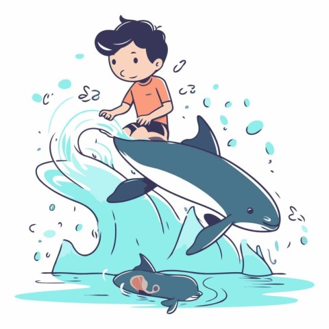 Boy playing with a whale in the sea. Cartoon vector illustration